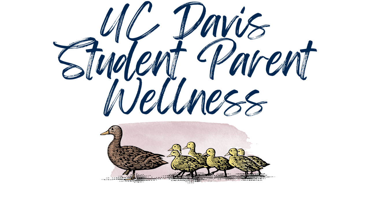 Text in script UC Davis Student Parent Wellness with image of a mother duck followed by baby ducks