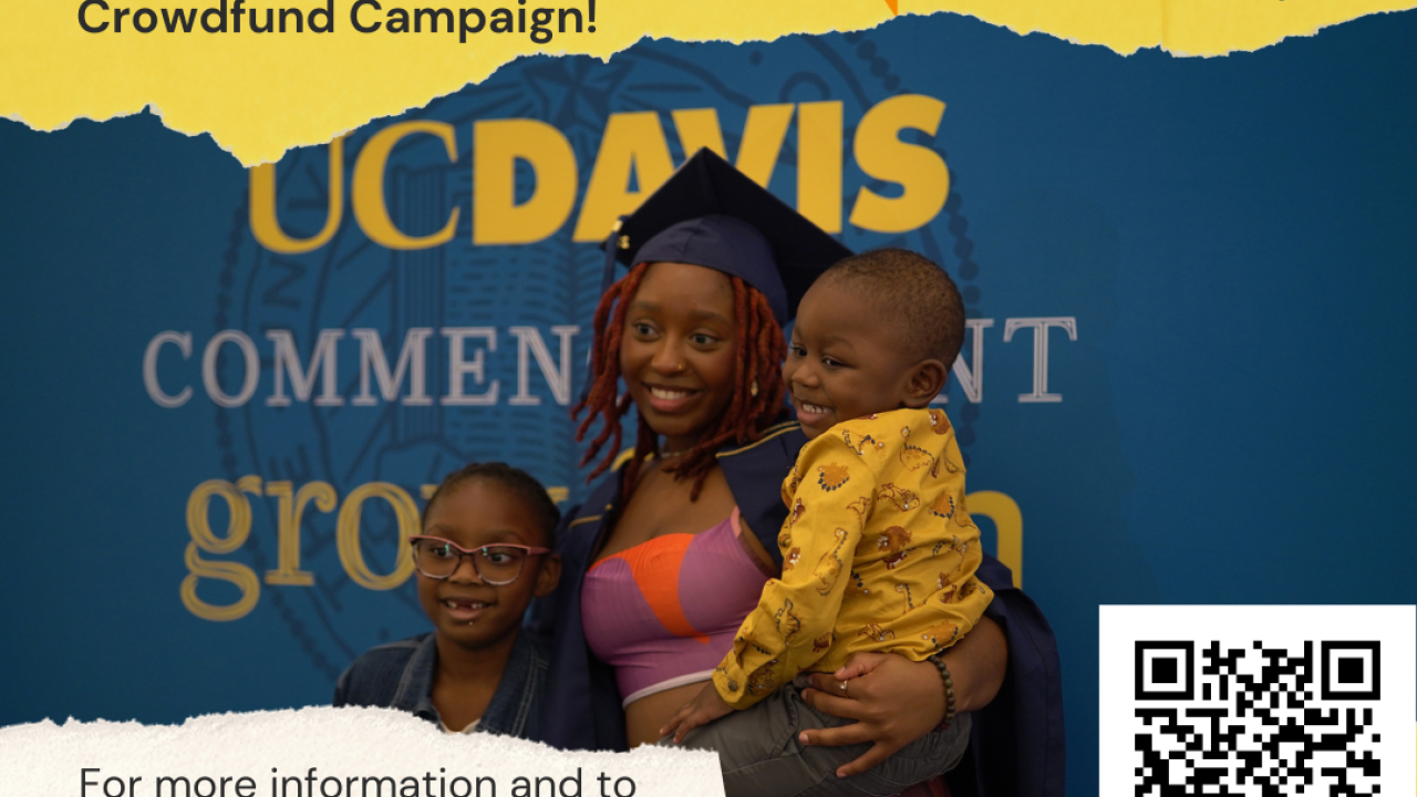 Picture of a student wearing a graduation gown and cap and two children
