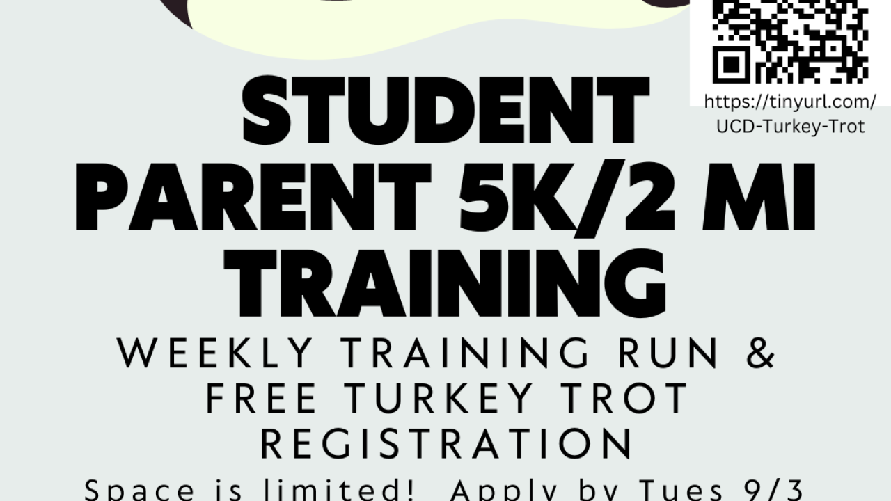 Image of a running shoe with text describing Student Parent 5K/2 Mile Training Program