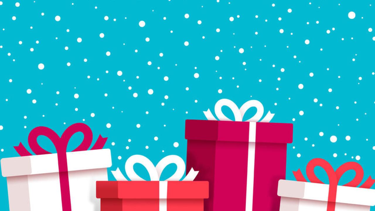 Cartoon of a blue sky with snow landing on a bunch of presents