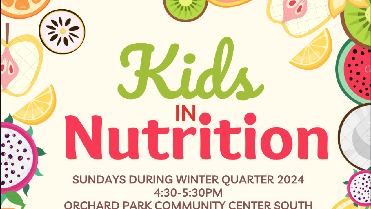Image of a variety of fruits surrounding text of Kids in Nutrition and program information