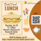 Image of a sandwich, drink, fruit skewers, bowl of peanuts, and placesetting with information about the Student Parent Lunch