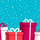 Cartoon of a blue sky with snow landing on a bunch of presents